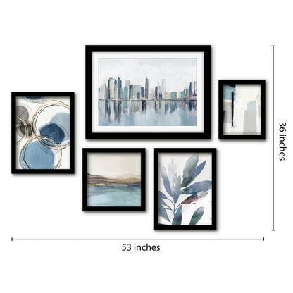 Americanflat 5 Piece Black Framed Gallery Wall Art Set - Blue Watercolor Floral Abstract NYC Skyline