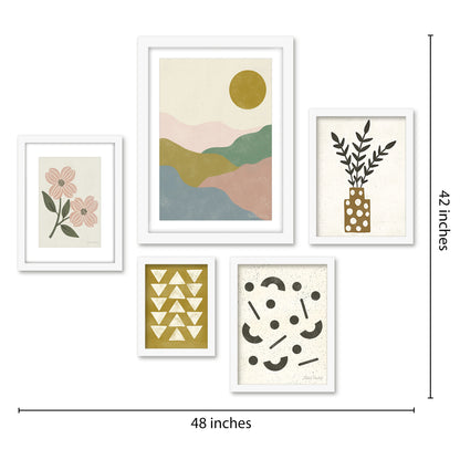 Americanflat 5 Piece Black Framed Gallery Wall Art Set - Pastel Pink & Green Botanical Abstract Landscape