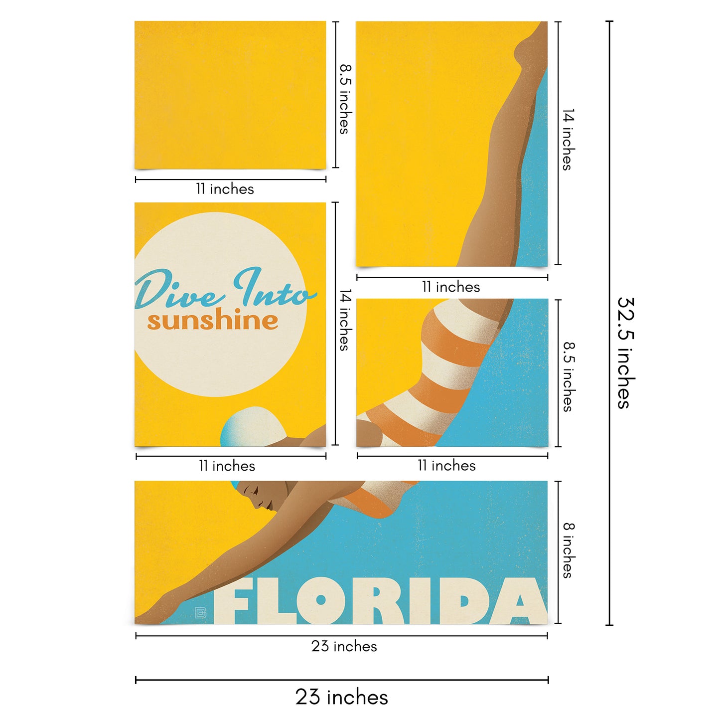 Dive into Sunshine Florida 5 Piece Grid Wall Art Room Decor Set  - Print