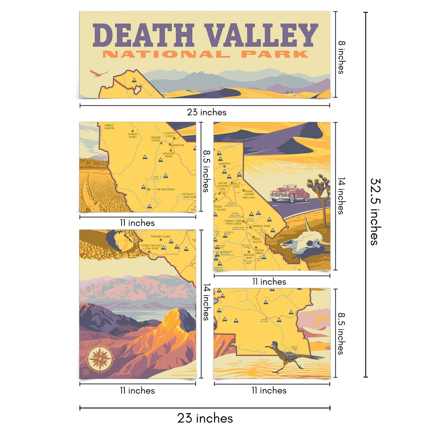 Death Valley National Park Illustrated Map 5 Piece Grid Wall Art Room Decor Set  - Print