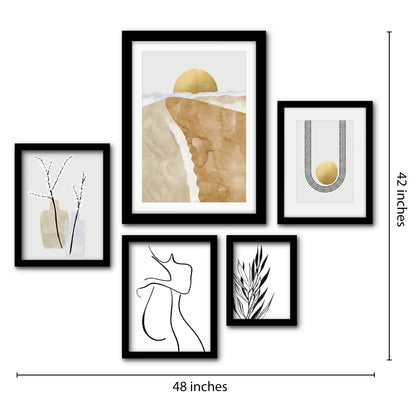 Americanflat 5 Piece Black Framed Gallery Wall Art Set - Black & Gold Abstract Floral Shapes