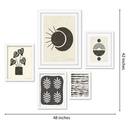 Americanflat 5 Piece Black Framed Gallery Wall Art Set - Black & Beige Leaves Pattern