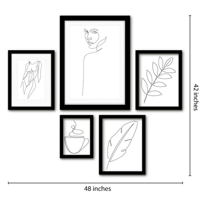 Americanflat 5 Piece Black Framed Gallery Wall Art Set - Black Line Art Botanical & Female Silhouettes