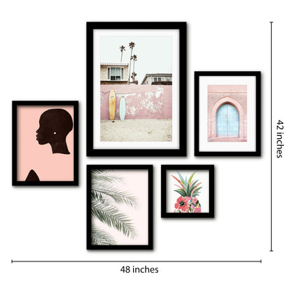Americanflat 5 Piece Black Framed Gallery Wall Art Set - Pink Botanical Beach Woman