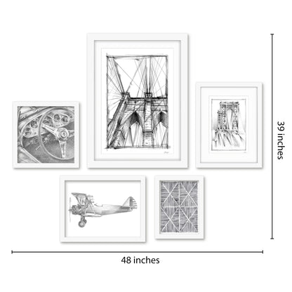 Americanflat 5 Piece Black Framed Gallery Wall Art Set - Black & White Drawn City & Transport