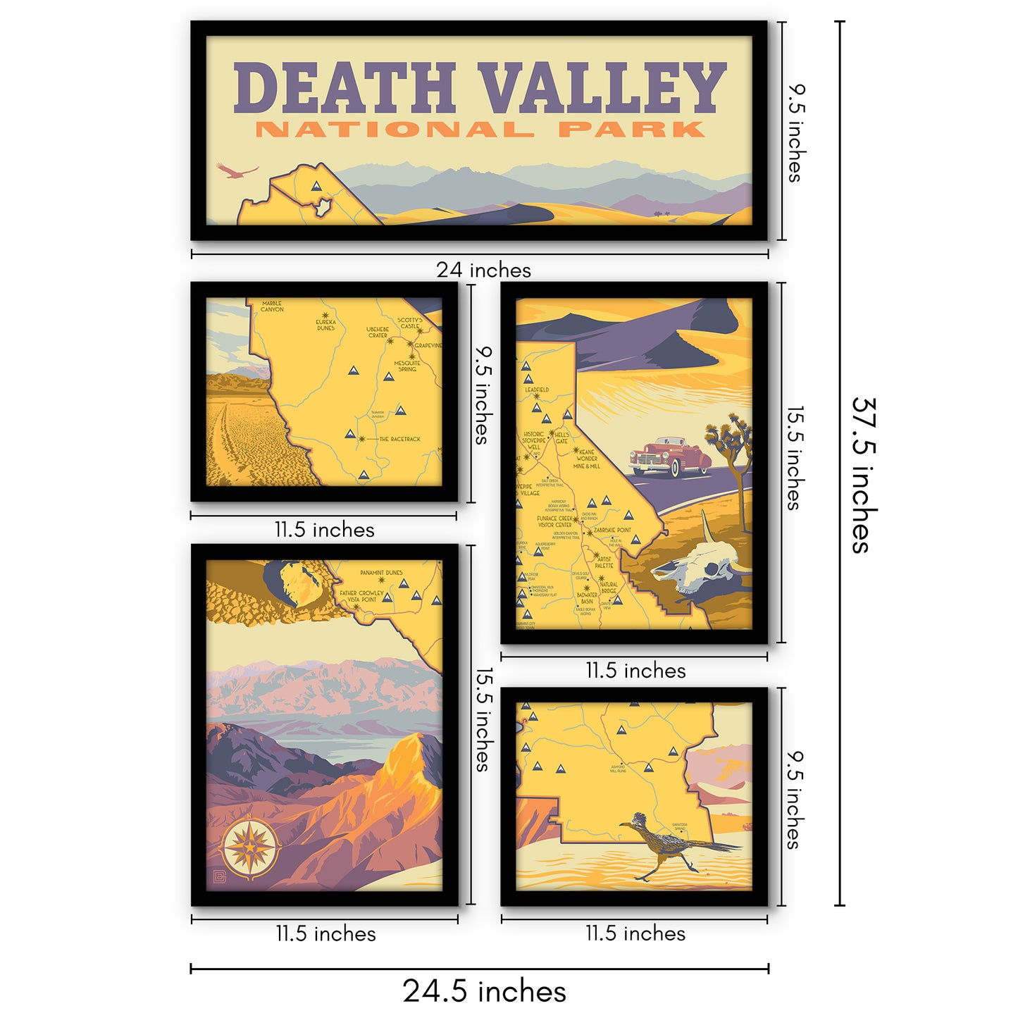 Death Valley National Park Illustrated Map 5 Piece Grid Wall Art Room Decor Set  - Framed