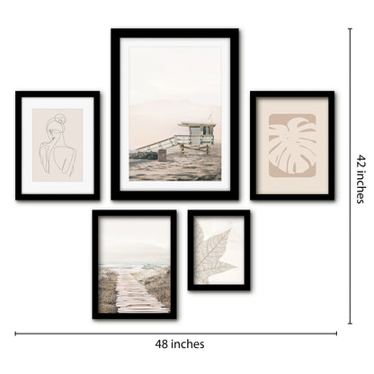 Americanflat 5 Piece Black Framed Gallery Wall Art Set - Beige Coastal Nature Line Art Woman