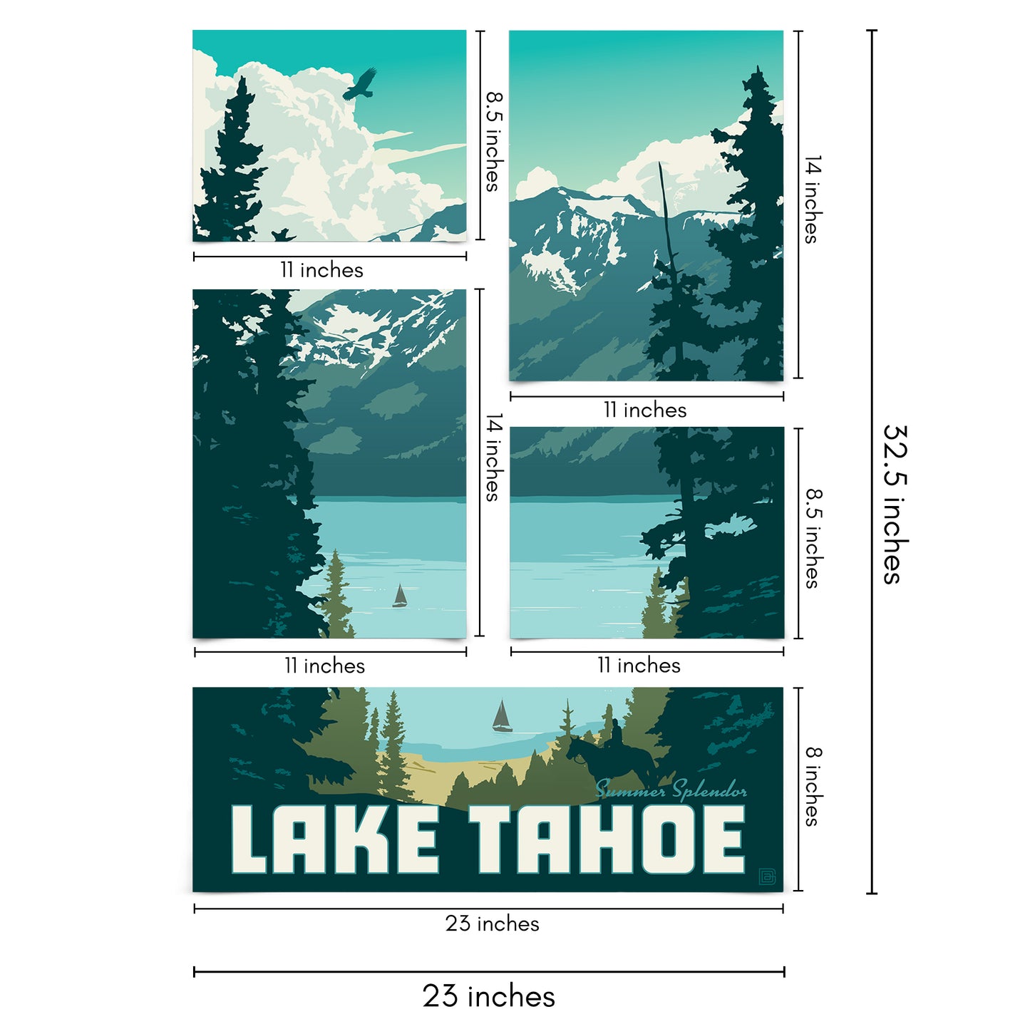 Lake Tahoe Summer Splendor 5 Piece Grid Wall Art Room Decor Set  - Print