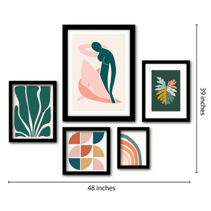 Americanflat 5 Piece Black Framed Gallery Wall Art Set - Pink & Green Abstract Woman Shapes