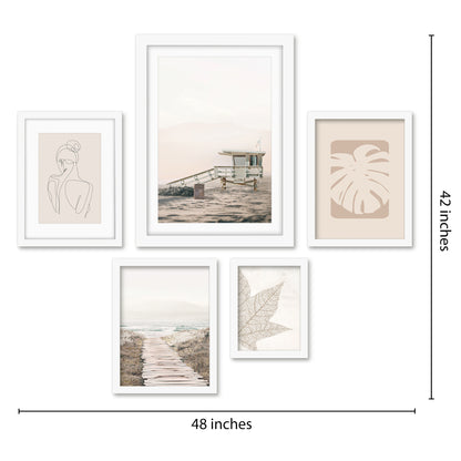 Americanflat 5 Piece Black Framed Gallery Wall Art Set - Beige Coastal Nature Line Art Woman