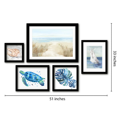 Americanflat 5 Piece Black Framed Gallery Wall Art Set - Blue Coastal Nature Sailing