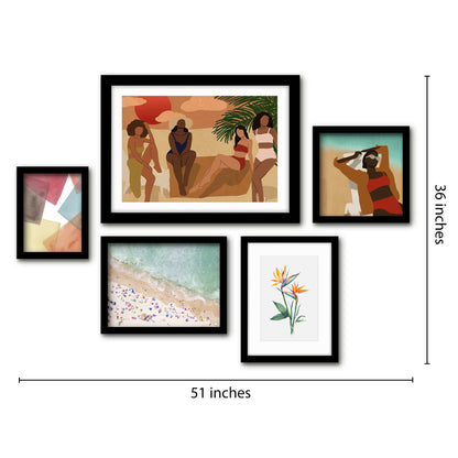 Americanflat 5 Piece Black Framed Gallery Wall Art Set - Female Beach Monstera