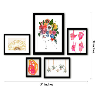 Americanflat 5 Piece Black Framed Gallery Wall Art Set - Colorful Floral Femme L-O-V-E