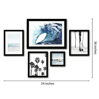 Americanflat 5 Piece Black Framed Gallery Wall Art Set - Blue Ocean Surf Boat