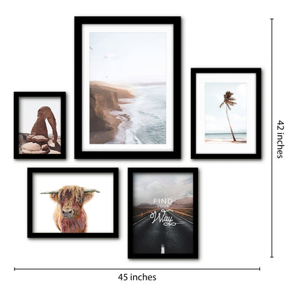 Americanflat 5 Piece Black Framed Gallery Wall Art Set - Brown & Lightblue Coastal Animal Adventure