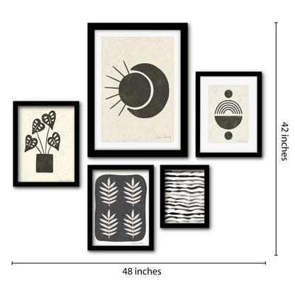 Americanflat 5 Piece Black Framed Gallery Wall Art Set - Black & Beige Leaves Pattern