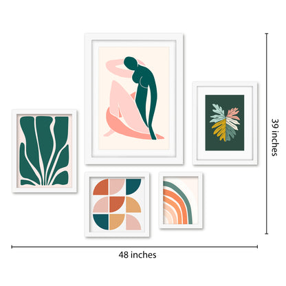 Americanflat 5 Piece Black Framed Gallery Wall Art Set - Pink & Green Abstract Woman Shapes
