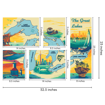 The Great Lakes Map 5 Piece Grid Wall Art Room Decor Set  - Print
