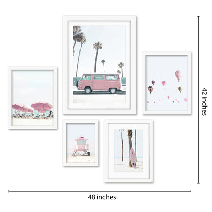 Americanflat 5 Piece Black Framed Gallery Wall Art Set - Pastel Pink Beach Surf