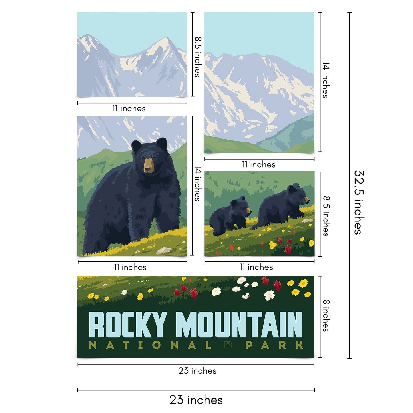 Rocky Mountain National Park Black Bear 5 Piece Grid Wall Art Room Decor Set  - Print