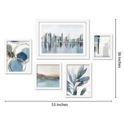 Americanflat 5 Piece Black Framed Gallery Wall Art Set - Blue Watercolor Floral Abstract NYC Skyline