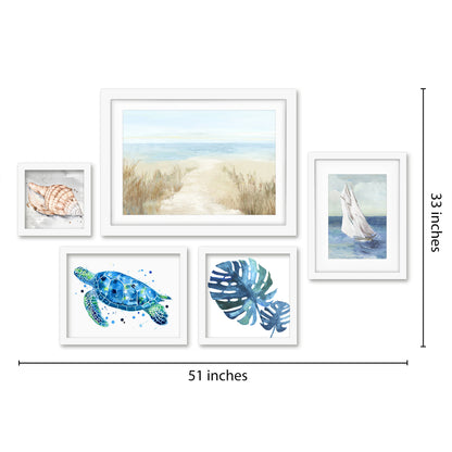 Americanflat 5 Piece Black Framed Gallery Wall Art Set - Blue Coastal Nature Sailing