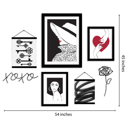 Black, White and Red Abstract Women Wire Art Framed Multimedia Gallery Art Set
