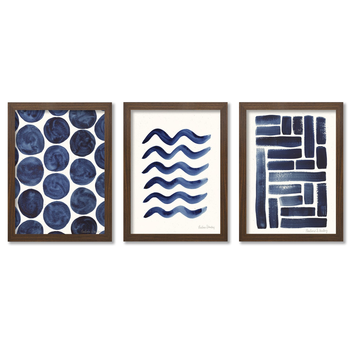 Blue Strokes Gouache by Pauline Stanley - 3 Piece Gallery Framed Print Art Set
