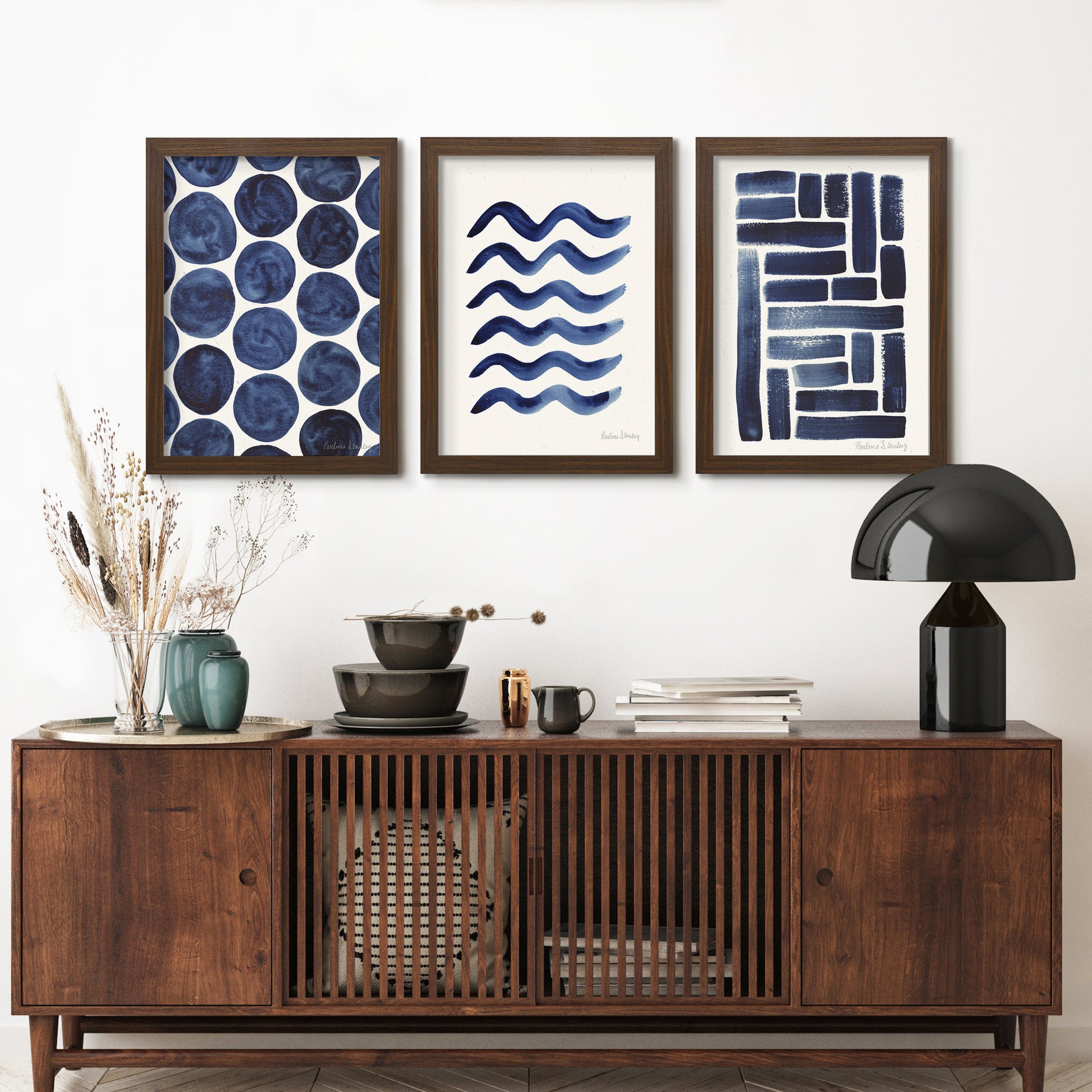 Blue Strokes Gouache by Pauline Stanley - 3 Piece Gallery Framed Print Art Set