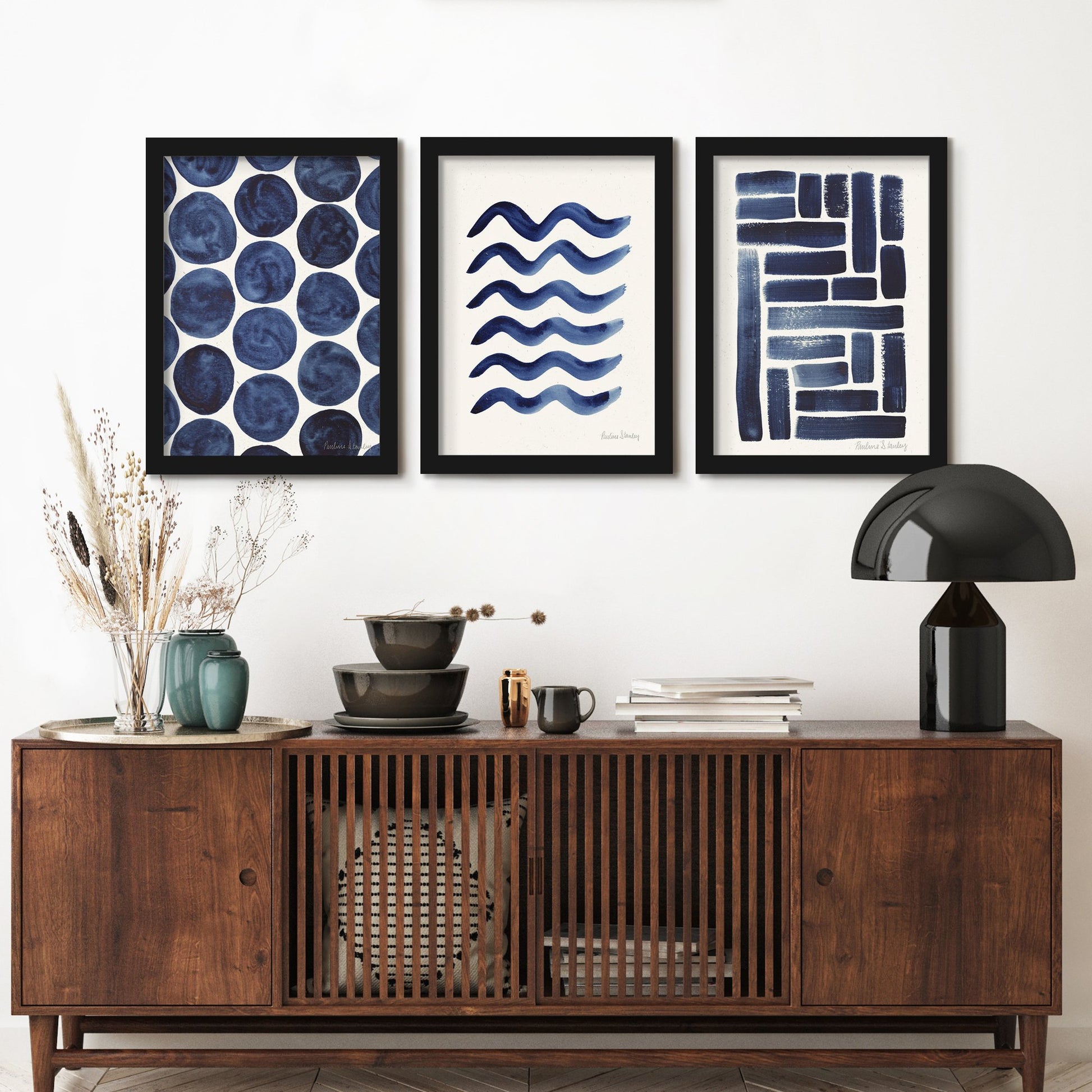 Blue Strokes Gouache by Pauline Stanley - 3 Piece Gallery Framed Print Art Set - Americanflat