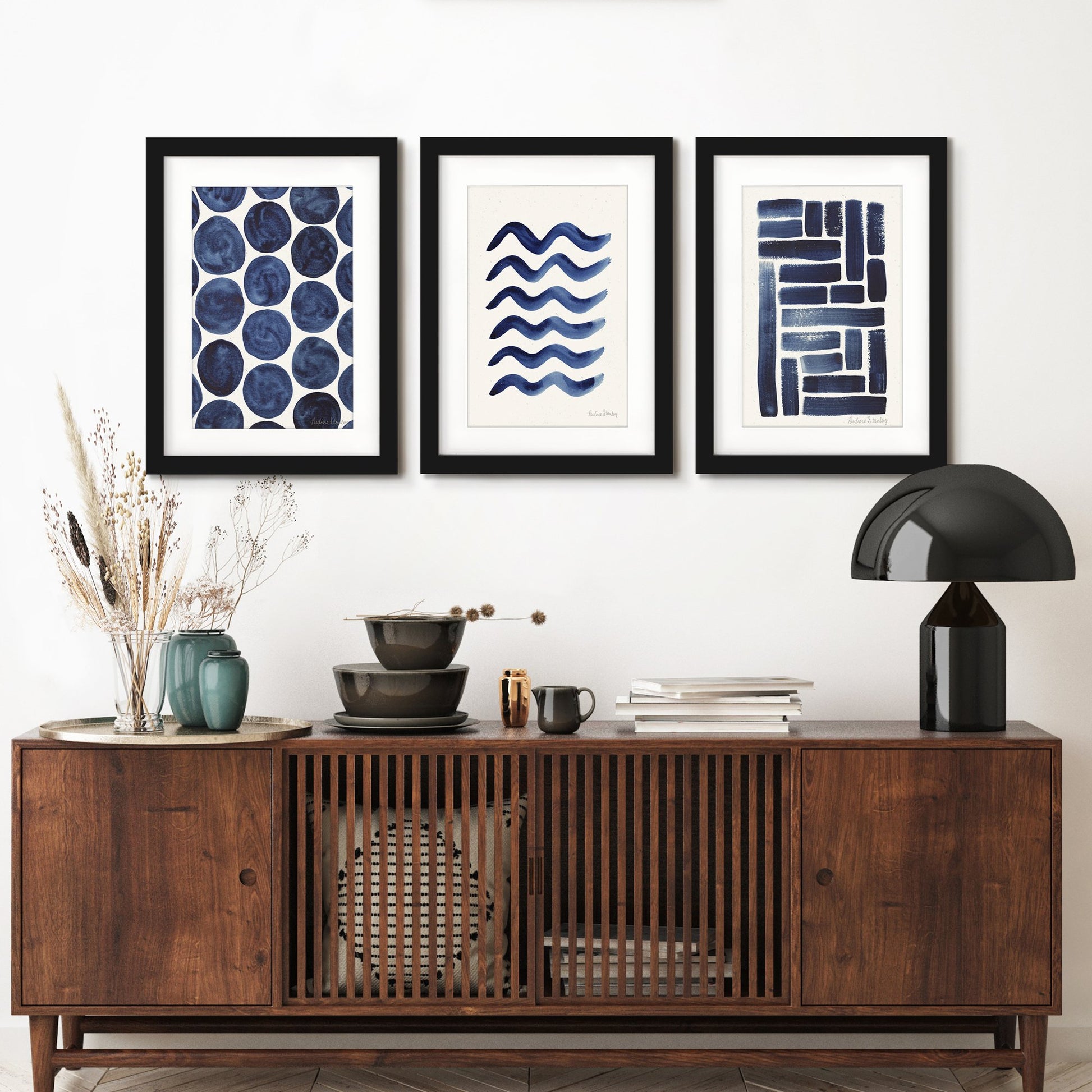 Blue Strokes Gouache by Pauline Stanley - 3 Piece Gallery Framed Print Art Set - Americanflat