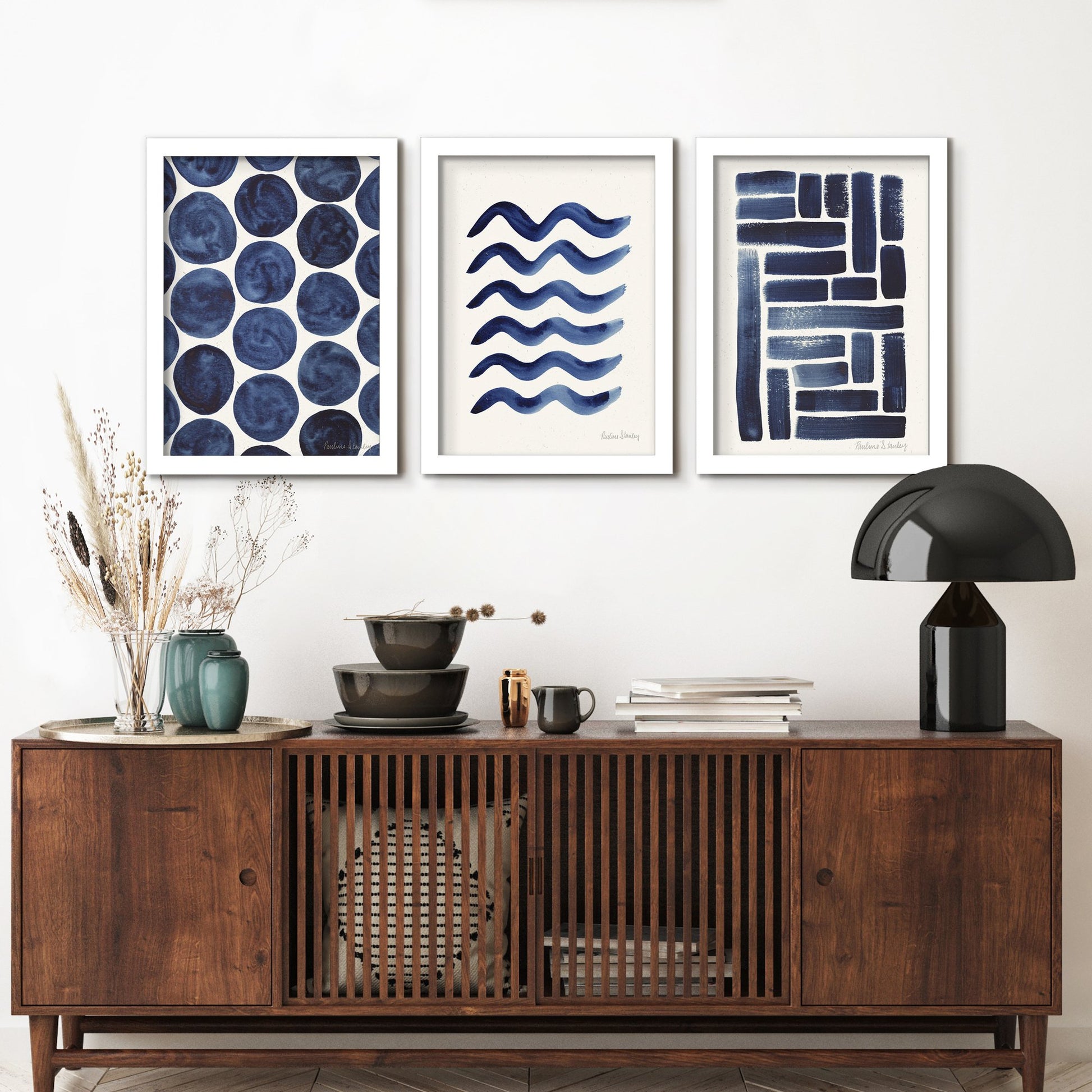 Blue Strokes Gouache by Pauline Stanley - 3 Piece Gallery Framed Print Art Set - Americanflat