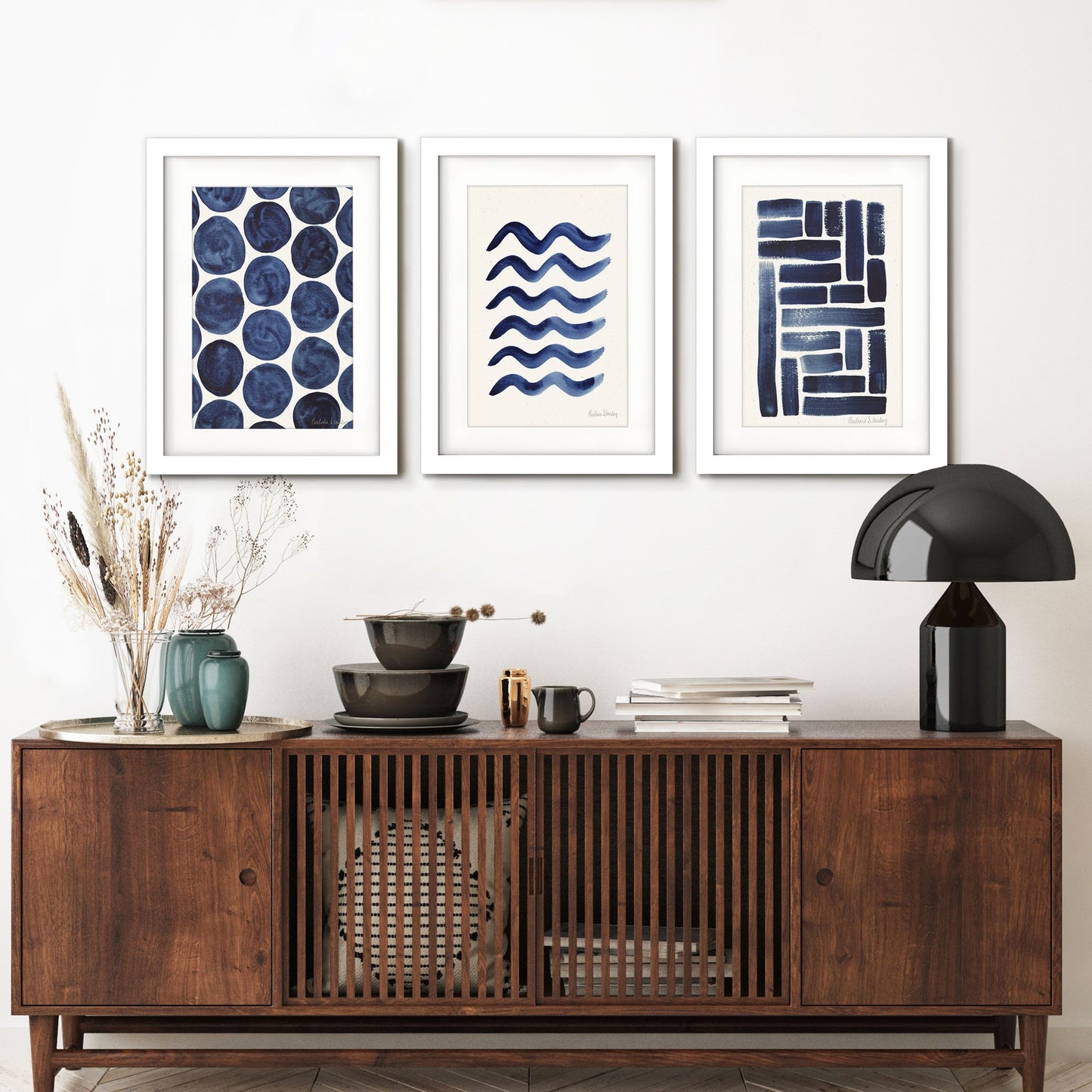 Blue Strokes Gouache by Pauline Stanley - 3 Piece Gallery Framed Print Art Set - Americanflat