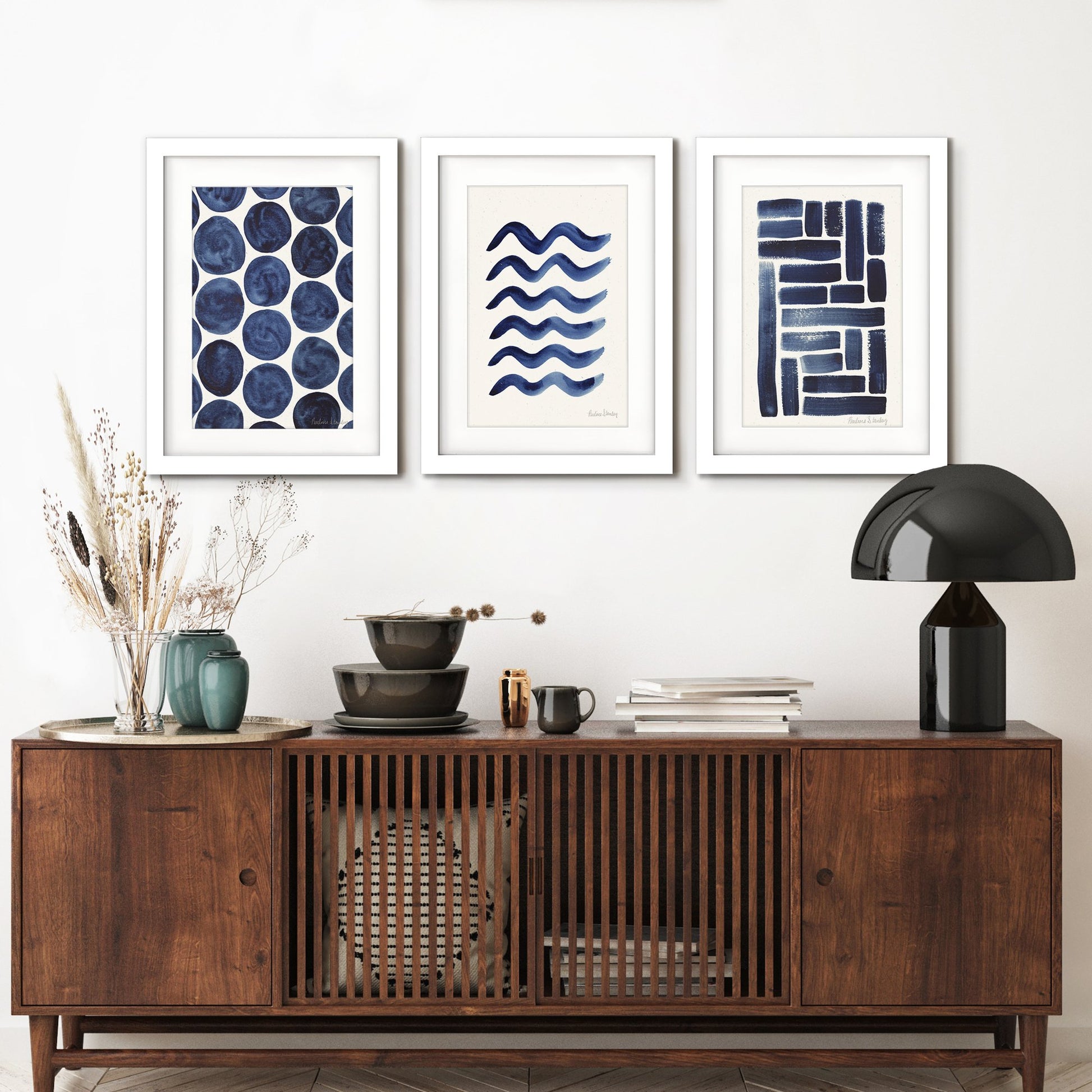 Blue Strokes Gouache by Pauline Stanley - 3 Piece Gallery Framed Print Art Set - Americanflat