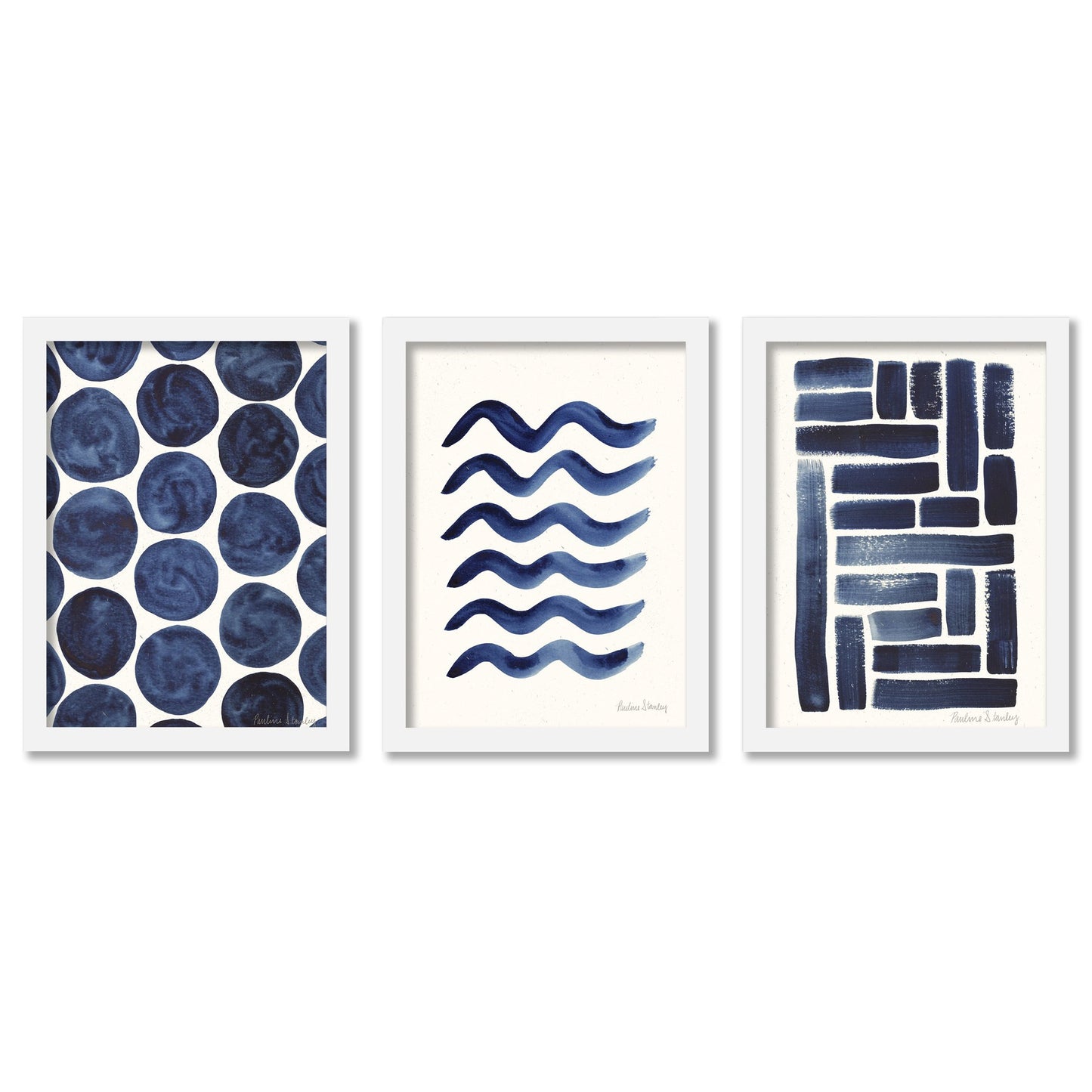 Blue Strokes Gouache by Pauline Stanley - 3 Piece Gallery Framed Print Art Set - Americanflat