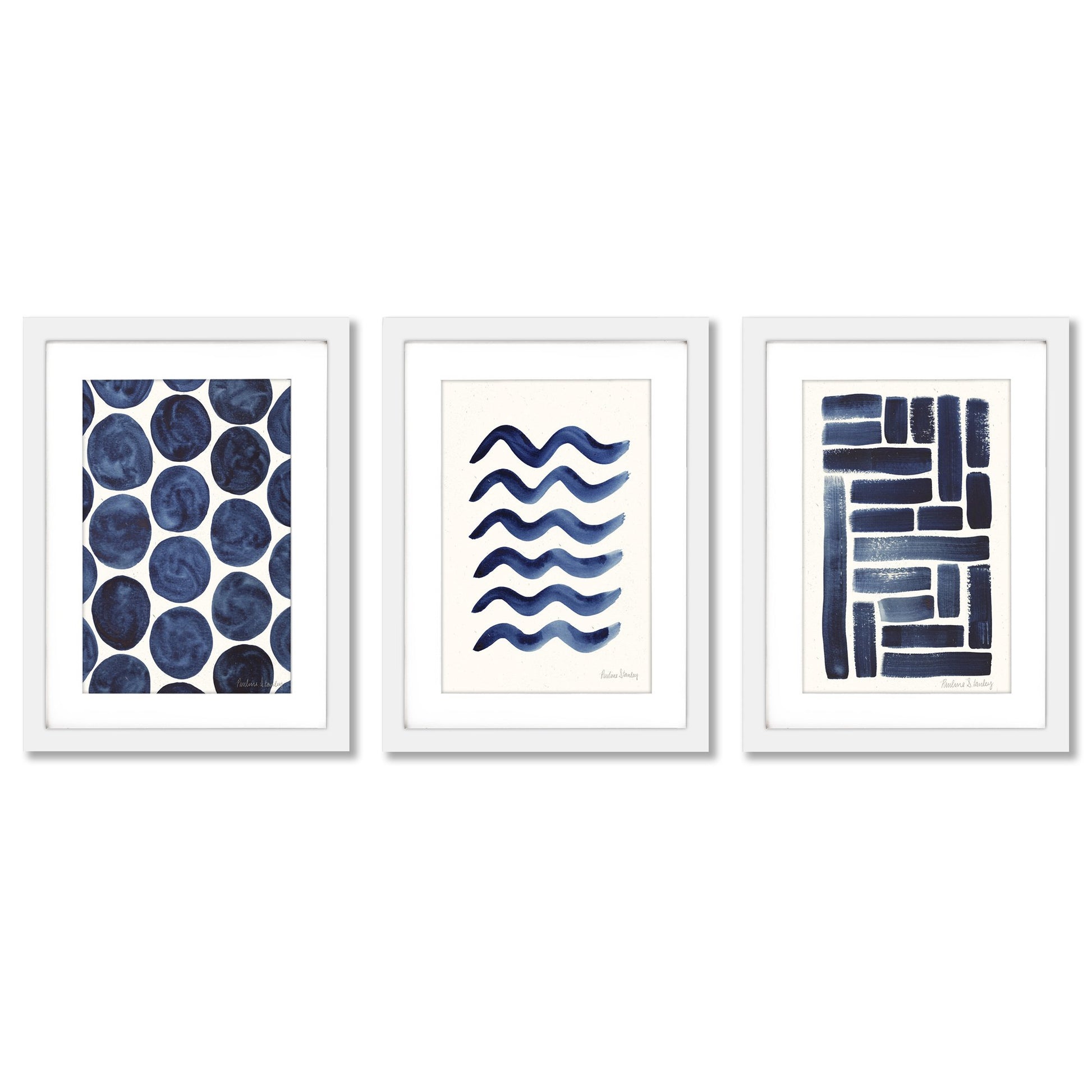 Blue Strokes Gouache by Pauline Stanley - 3 Piece Gallery Framed Print Art Set - Americanflat