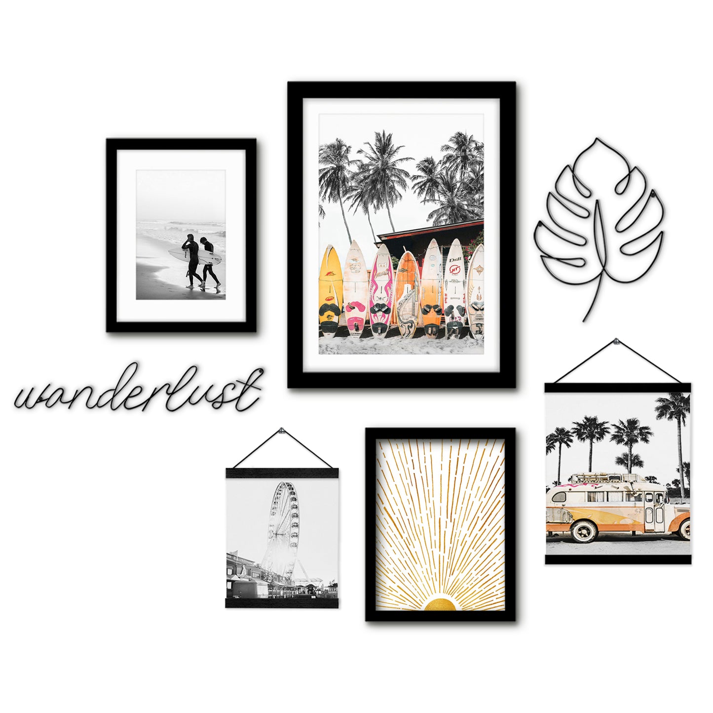 Black White & Yellow California Summer Surfing - Framed Multimedia Gallery Art Set