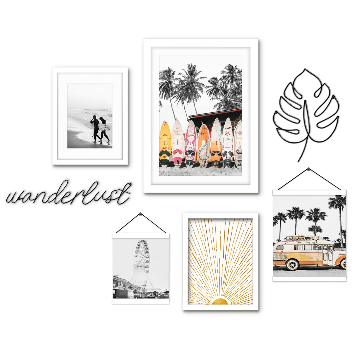 Black White & Yellow California Summer Surfing - Framed Multimedia Gallery Art Set