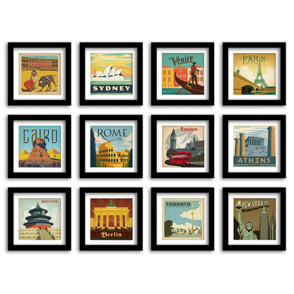 Retro World Travel Posters - 12 Piece Framed Gallery Wall Set