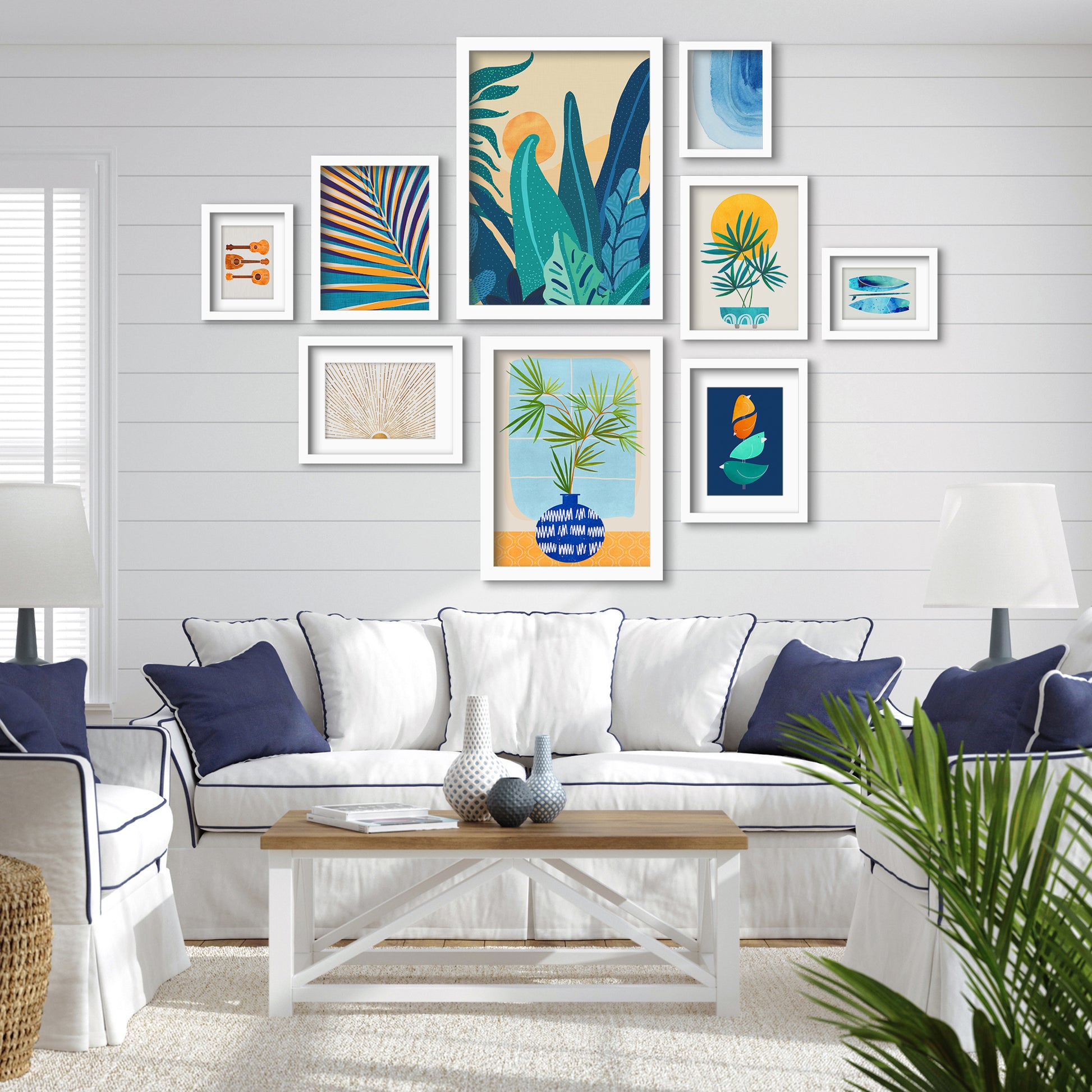 Blue Jungle Leaves - 9 Piece Framed Gallery Wall Art Set - Art Set - Americanflat