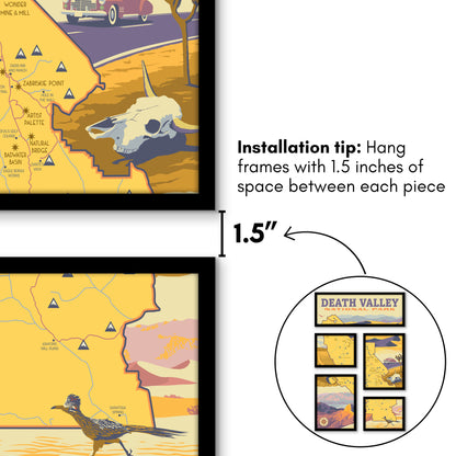 Death Valley National Park Illustrated Map 5 Piece Grid Wall Art Room Decor Set  - Framed