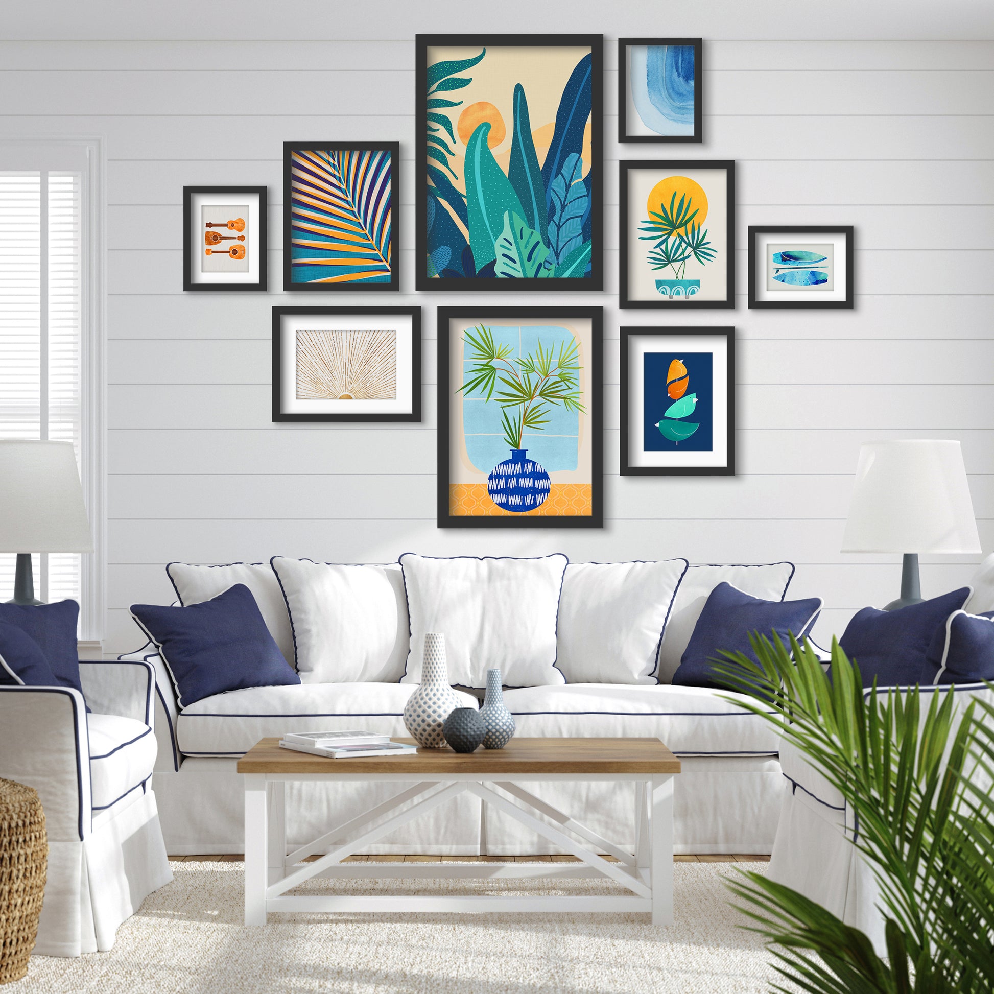 Blue Jungle Leaves - 9 Piece Framed Gallery Wall Art Set - Art Set - Americanflat