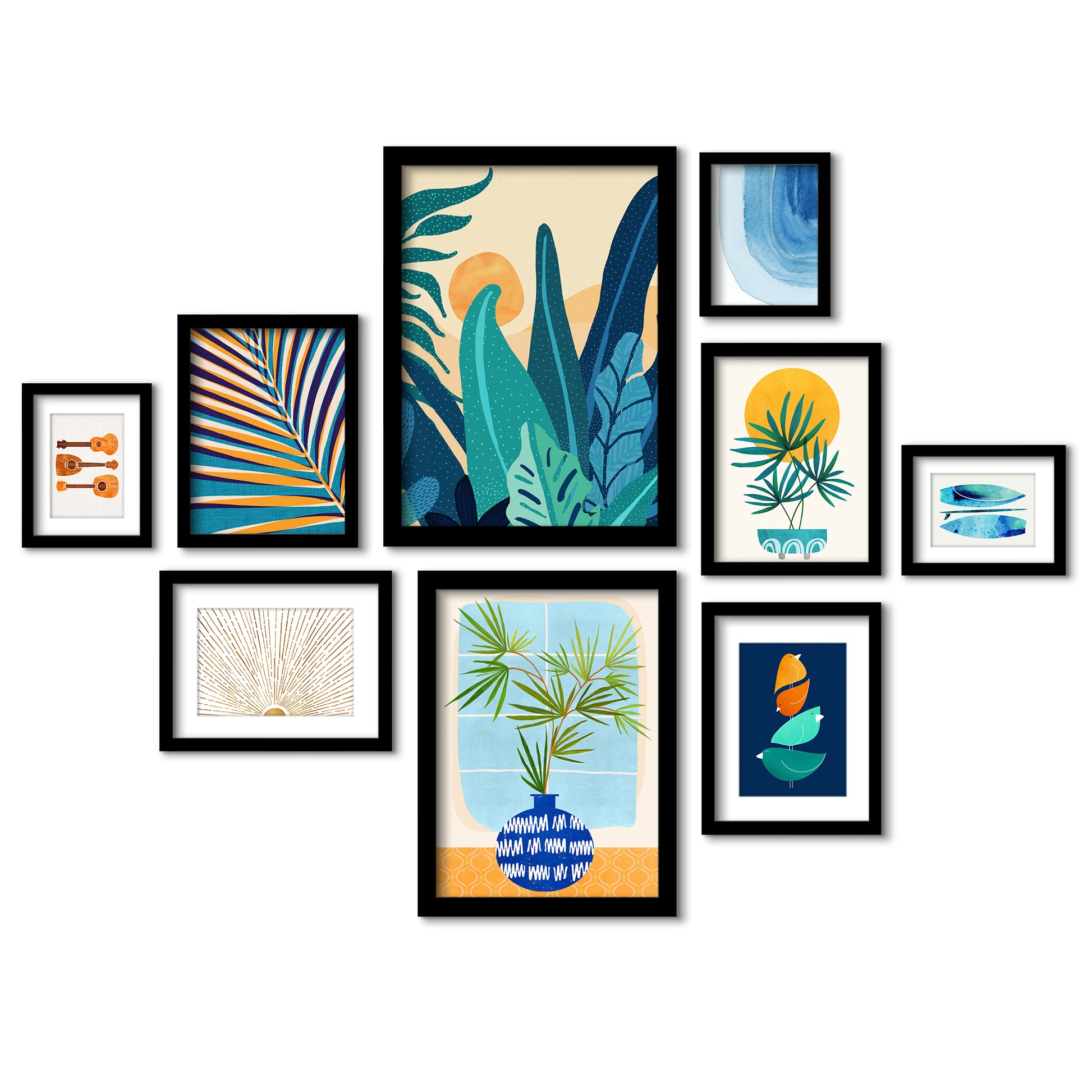 Blue Jungle Leaves - 9 Piece Framed Gallery Wall Art Set - Art Set - Americanflat