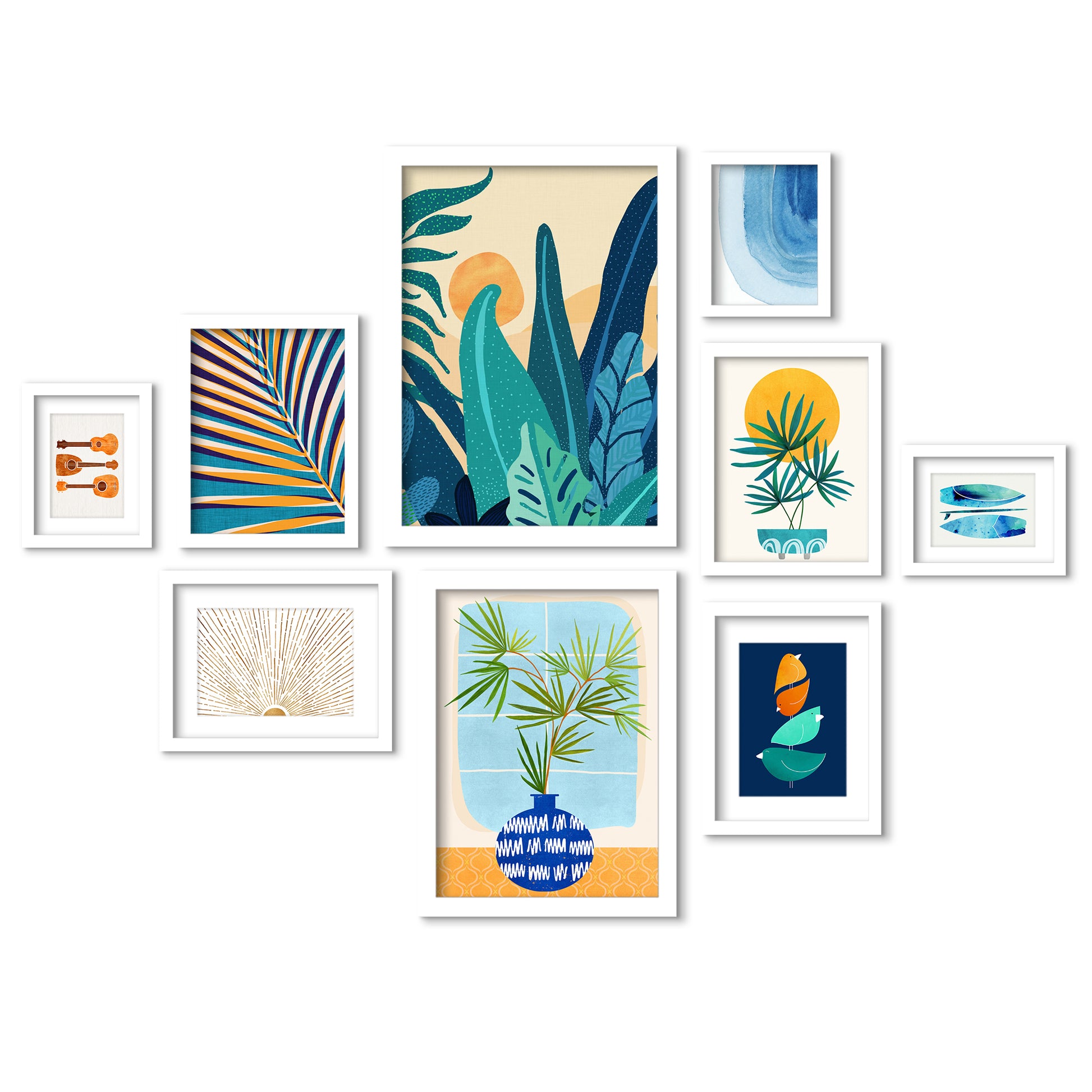 Blue Jungle Leaves - 9 Piece Framed Gallery Wall Art Set - Art Set - Americanflat