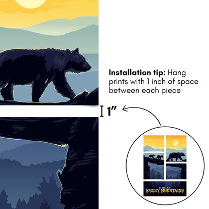 Great Smoky Mountains National Park Bear Crossing Sunset 5 Piece Grid Wall Art Room Decor Set - Print