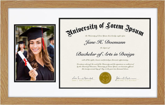 11x18 - 5x7 Picture and 8.5x11 Diploma Shatter-Resistant Glass Cover For Horizontal Formats - Graduation Frame