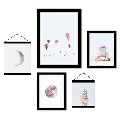 White Pastel Pink Coastal Moon - Framed Multimedia Gallery Art Set