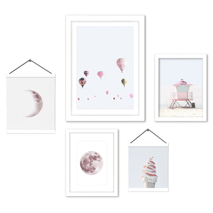 White Pastel Pink Coastal Moon - Framed Multimedia Gallery Art Set