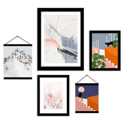 Pink and Orange Abstract Mountain Cat - Framed Multimedia Gallery Art Set
