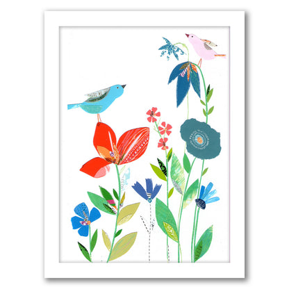 Spring Flowers & Birds By Liz And Kate Pope - White Framed Print